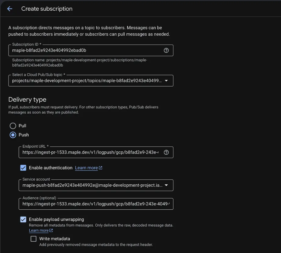 The Create subscription form: subscription ID, topic, Delivery type Push, Endpoint URL, Enable authentication ticked with the push service account, Audience, and Enable payload unwrapping ticked with Write metadata unticked.